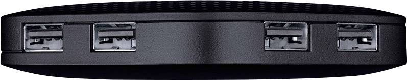 A black USB hub with four ports.