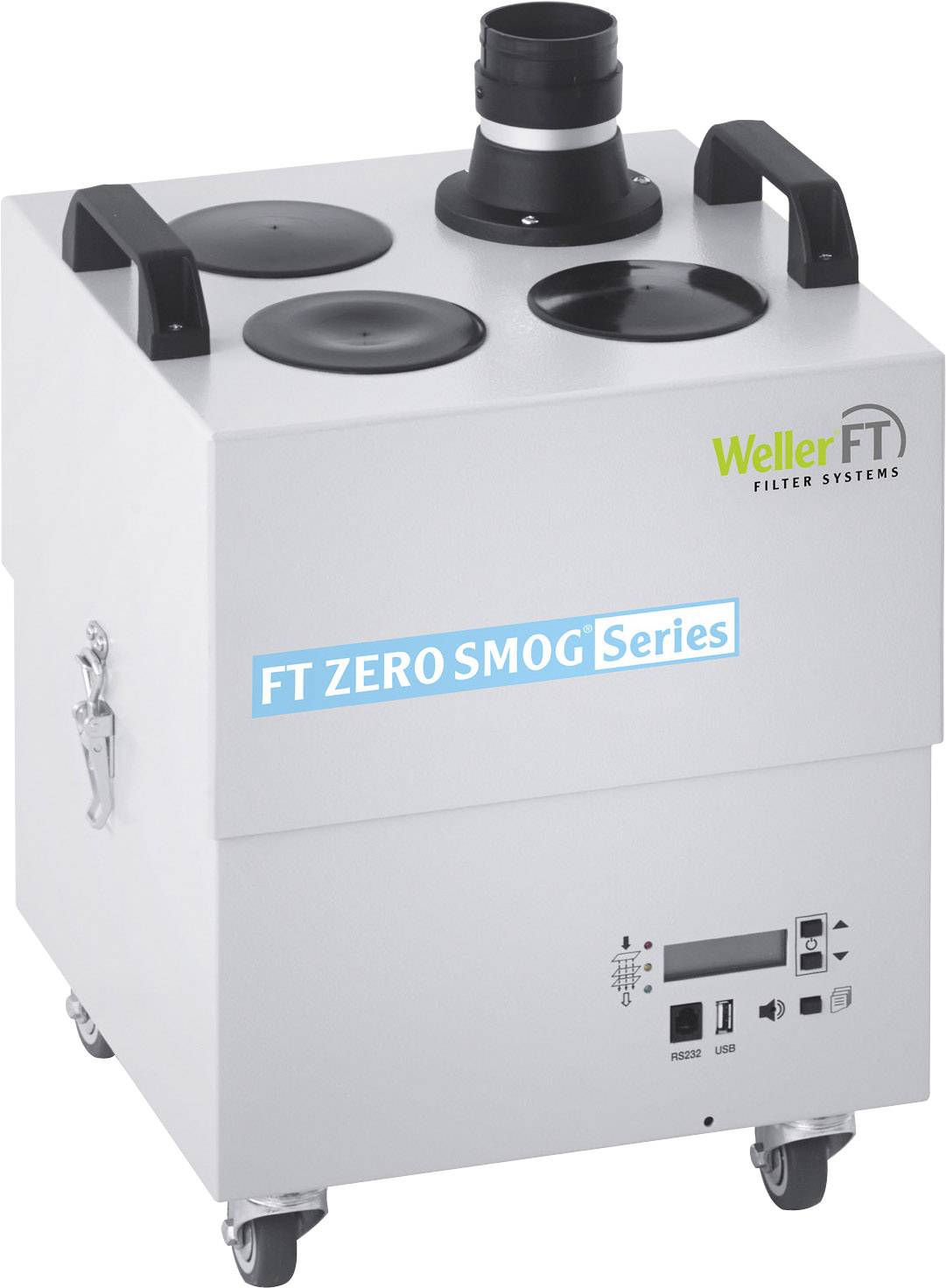 Mobile air filtration unit from the 'FT ZERO SMOG Series' by Weller FT, equipped with wheels and control panel, designed for filtering pollutants in indoor spaces.