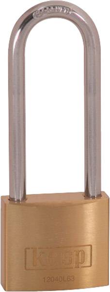 A padlock with a long metal shackle, suitable for various security applications and featuring an embossed 'Kasp' logo.