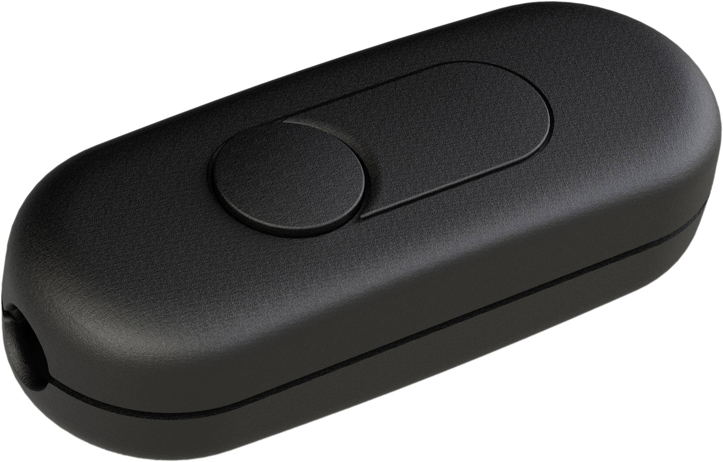 A black, oval rocker switch with a central toggle button.