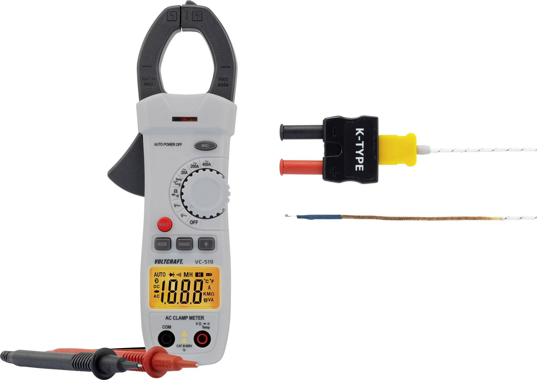 Digital AC Clamp Meter with display screen, red and black test leads, and K-type thermocouple adapter. Ideal for electrical measurement.