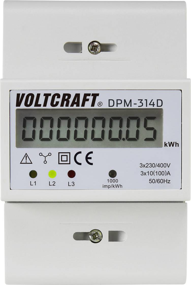 Electric meter 'VOLTCRAFT DPM-314D' displays 0.0000005 kWh. Operated with 3x230/400V, 50/60Hz, 1000 Imp/kWh.