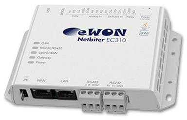 A white electronic device with the inscription 'eWON Netbiter EC310', featuring multiple connection ports and status indicator lights.