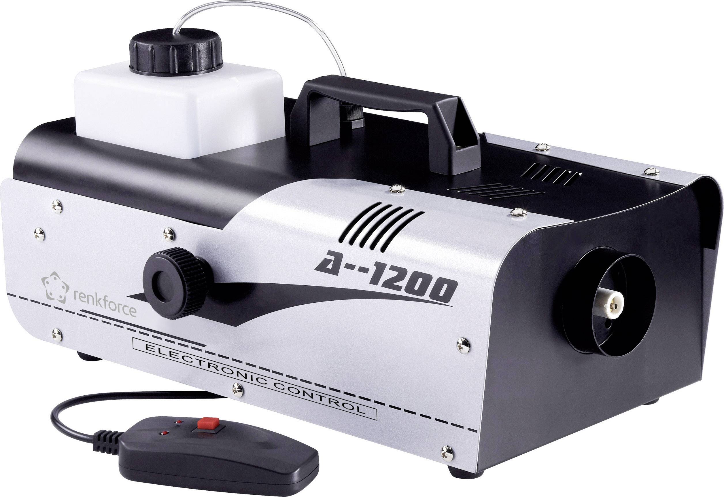 Fog machine with black casing and white tank. Model 'A-1200'. Comes with remote control for operation.