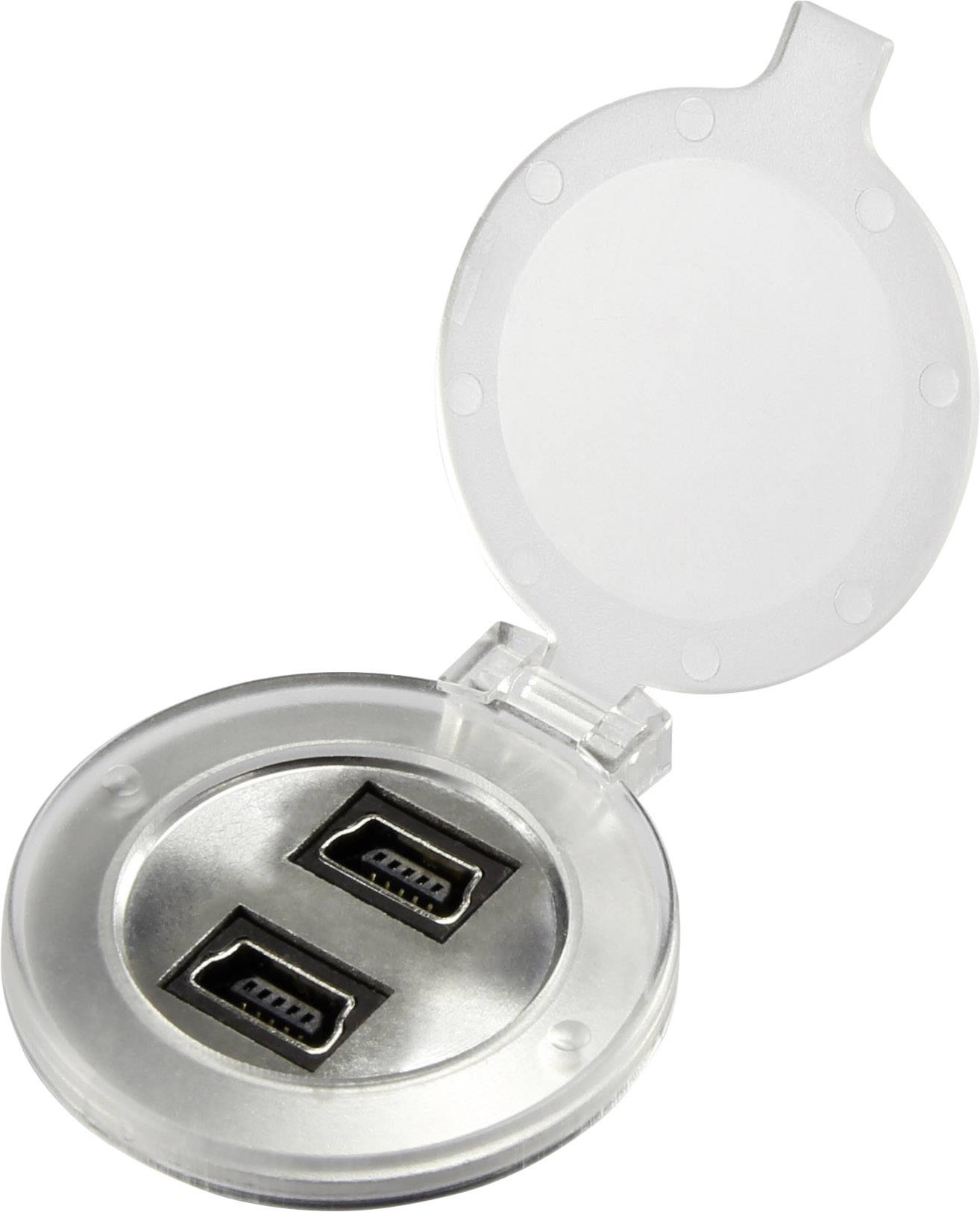 Small, round, transparent USB card reader with an open lid and two USB ports visible.
