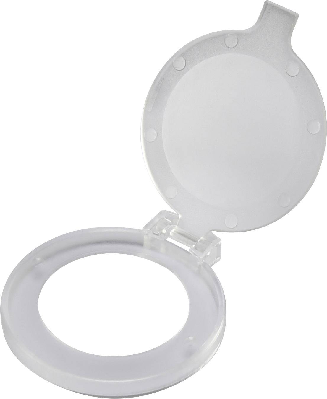 Plastic lid opened, circular shape, clear plastic.