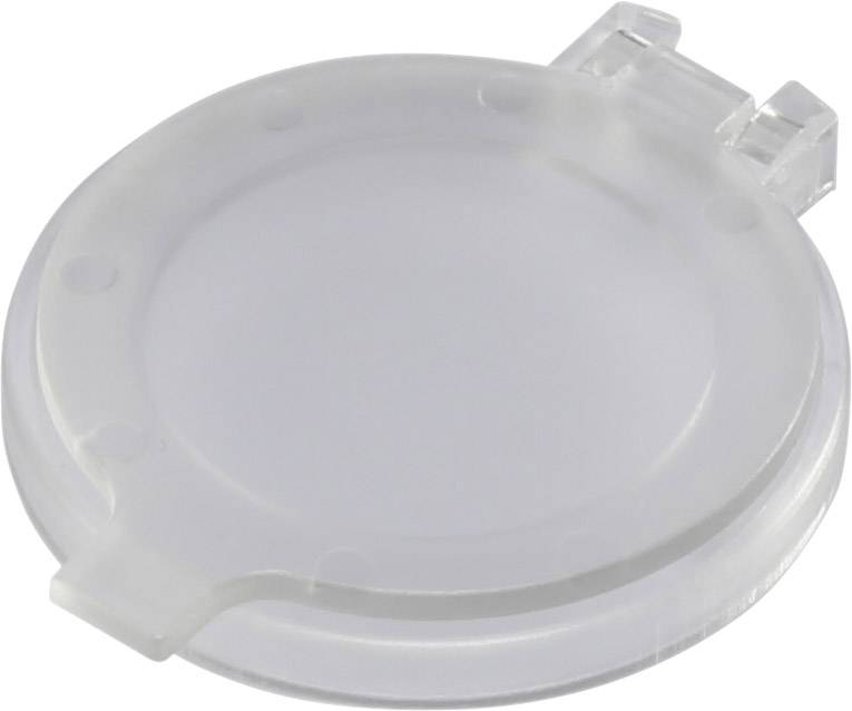 Round, transparent plastic lid with a hinge, presumably for sealing a container or tin.