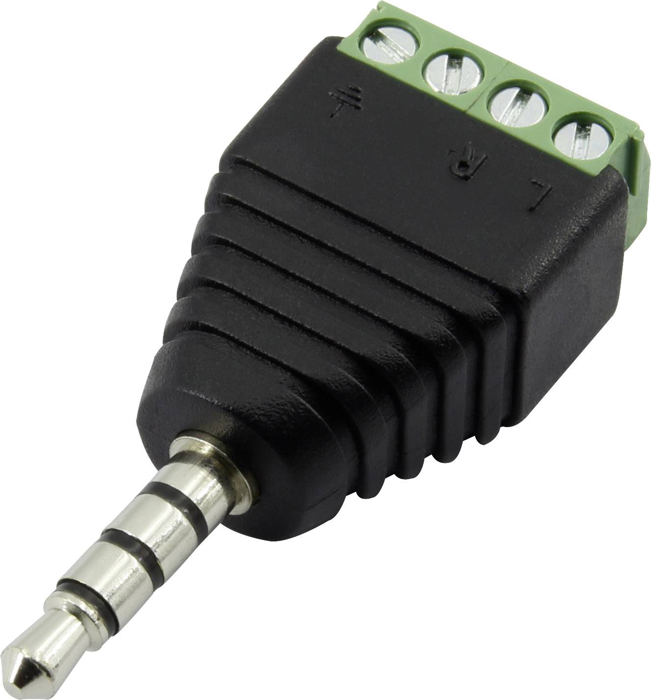 A black 3.5mm jack adapter with screw terminals for audio connections.