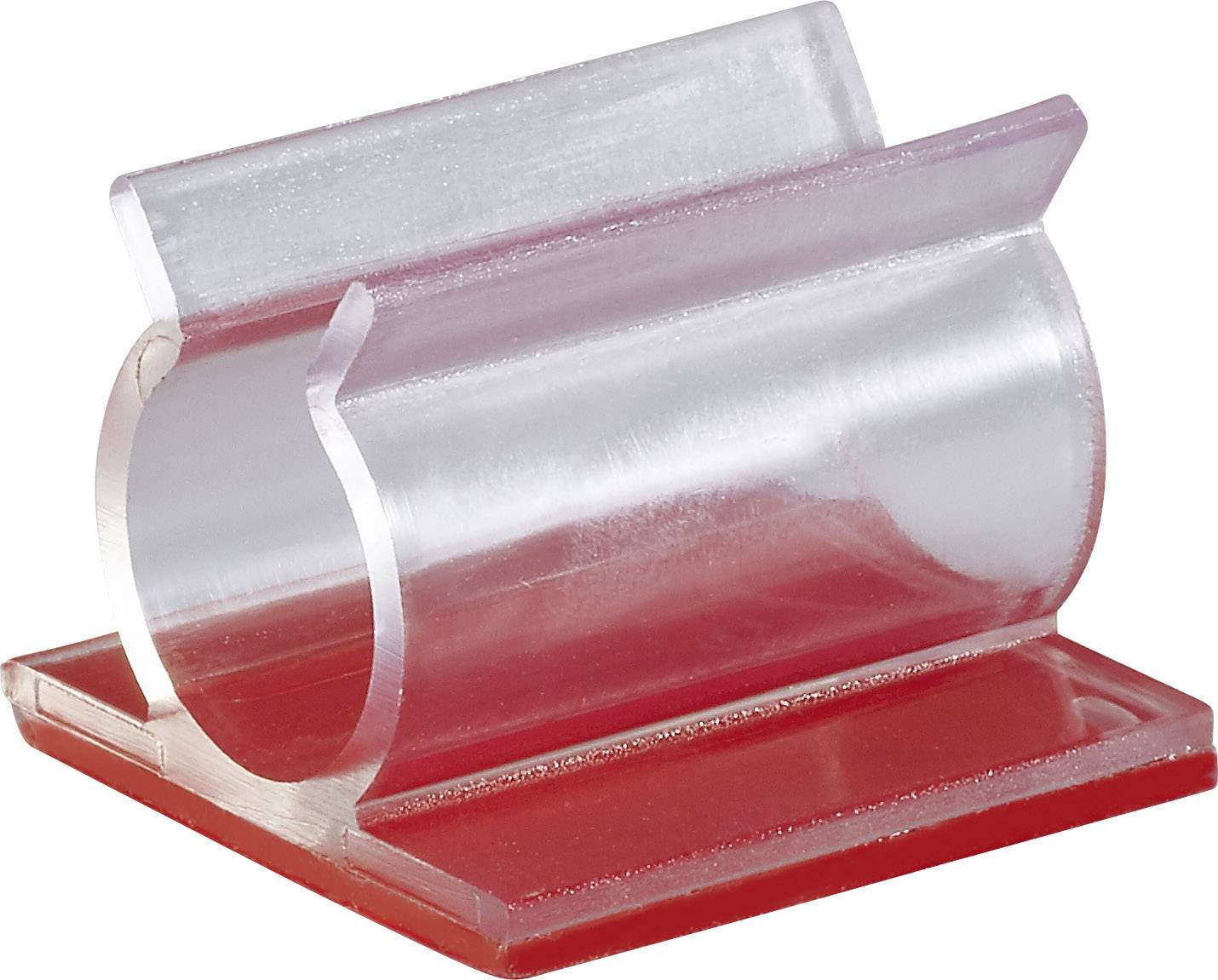 A transparent plastic holder with a red base, suitable for holding round objects such as pipes or rods.