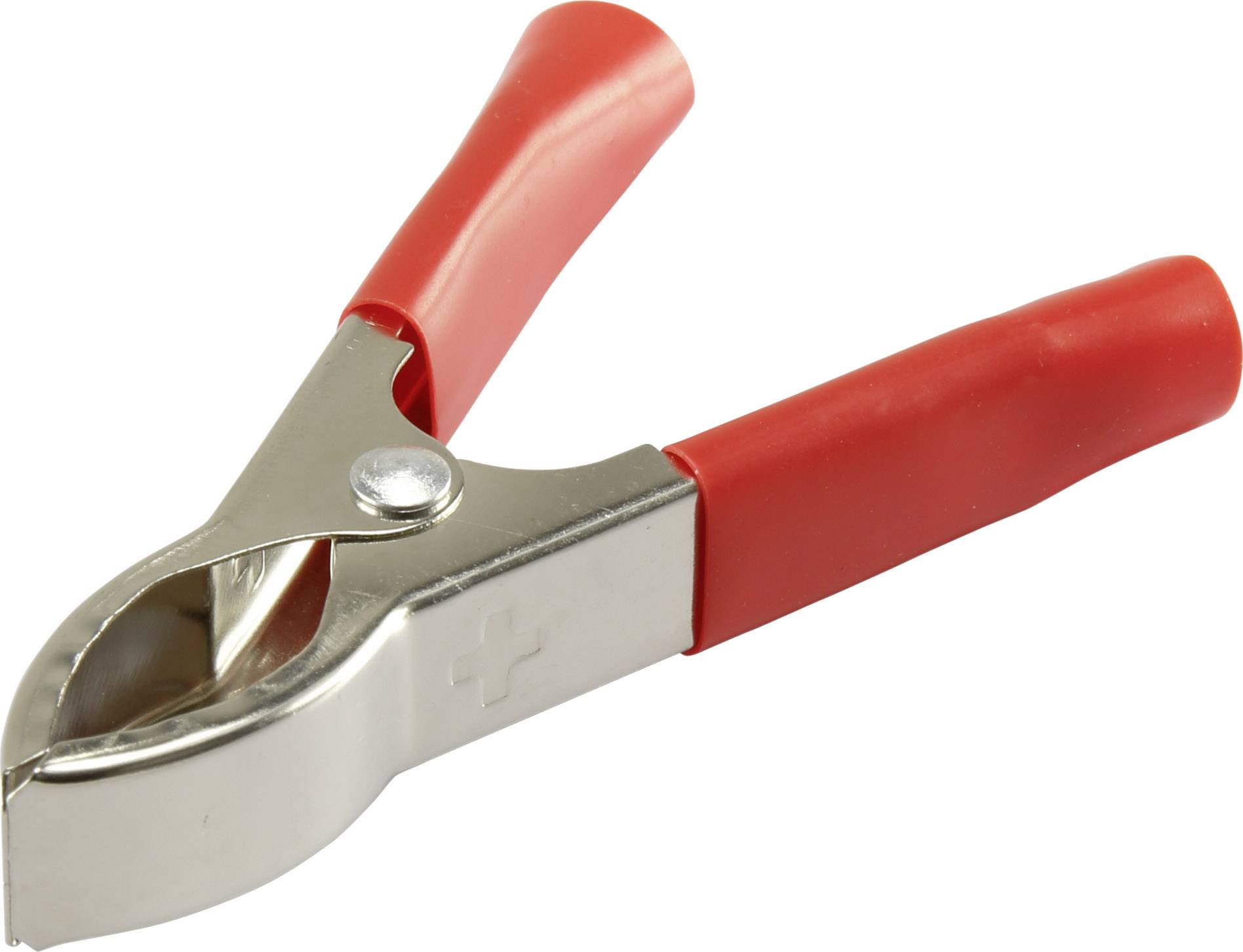 A silver metal clip with red handles lies on a white background. It is frequently used for holding objects.