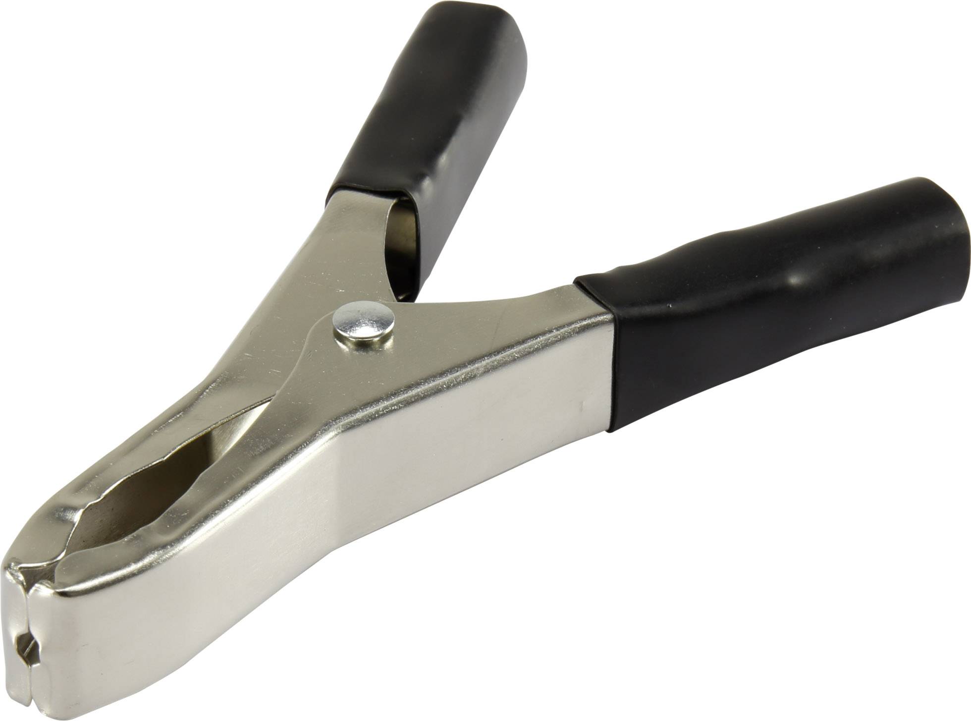 A silver clip with black handles, commonly used for holding or gripping objects.