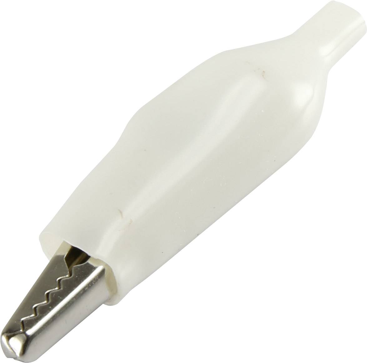 A white crocodile clip with metal jaws, commonly used for electrical connections. It has an insulating protective cap.
