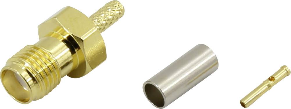 Gold-plated SMA connector, comprising three parts: main body, metal sleeve, and plug contact. Suitable for RF applications.