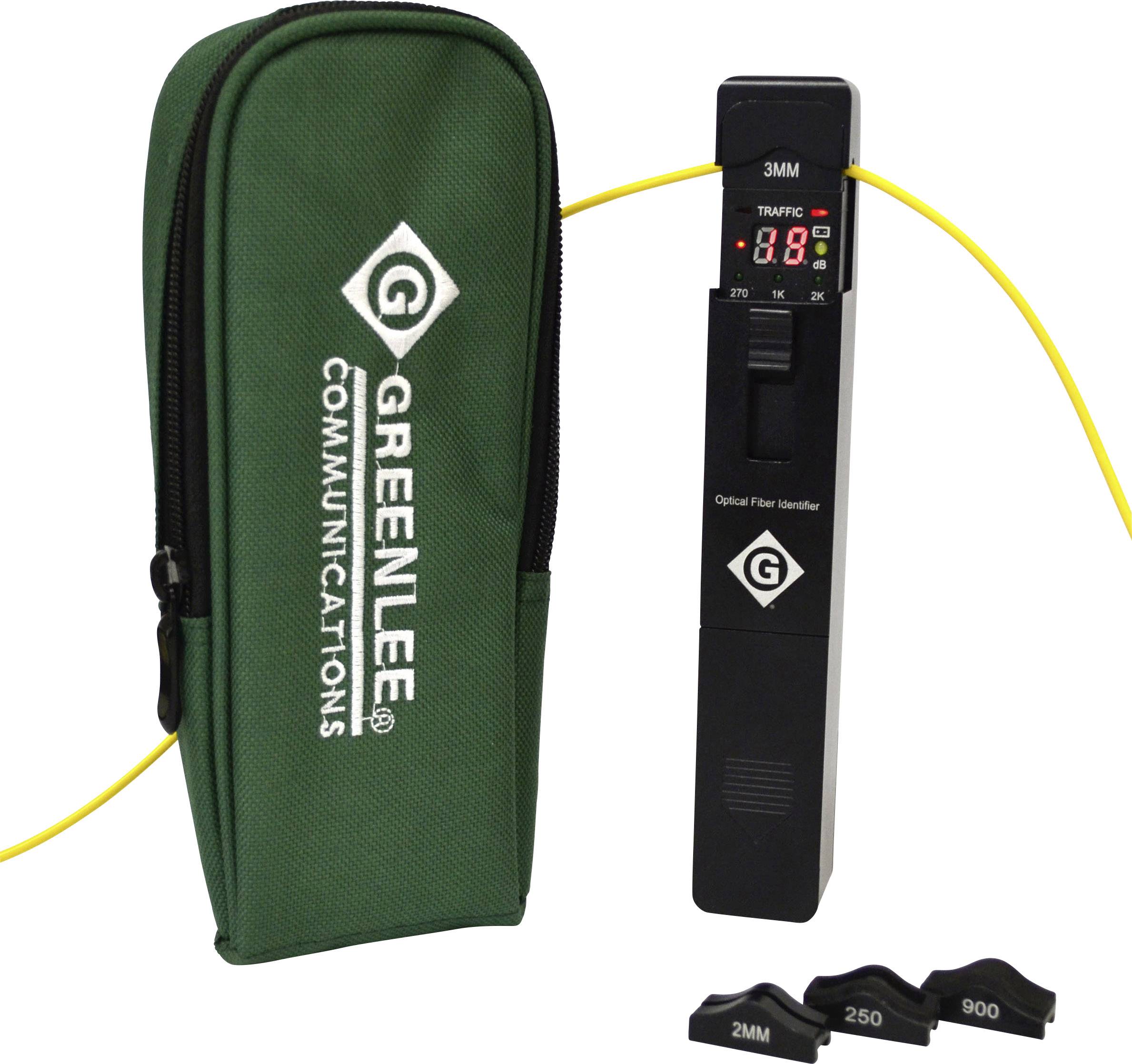 'Optical Fibre Identifier' with digital display and green carry case, indicates fibre activity. Includes interchangeable clamps.