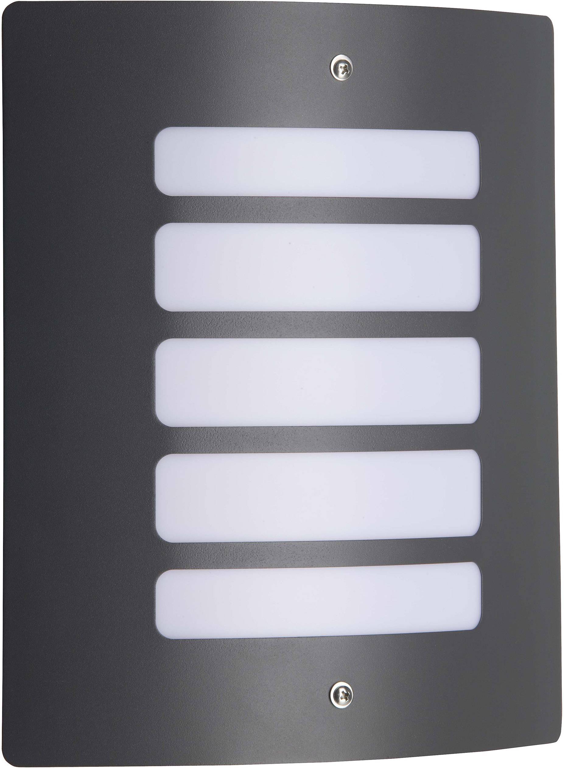 Exterior wall light with black casing and four horizontal light strips, providing uniform illumination.