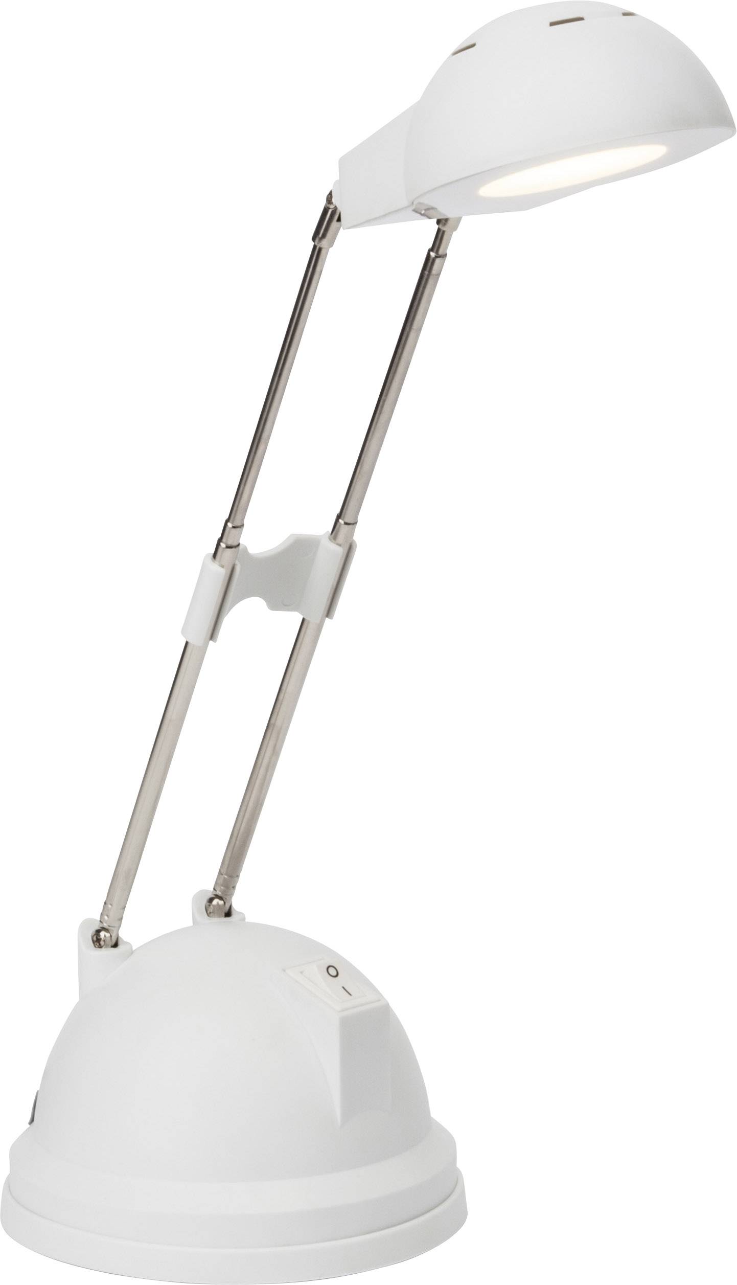 Modern, white table lamp with adjustable arm and round base, providing soft illumination.