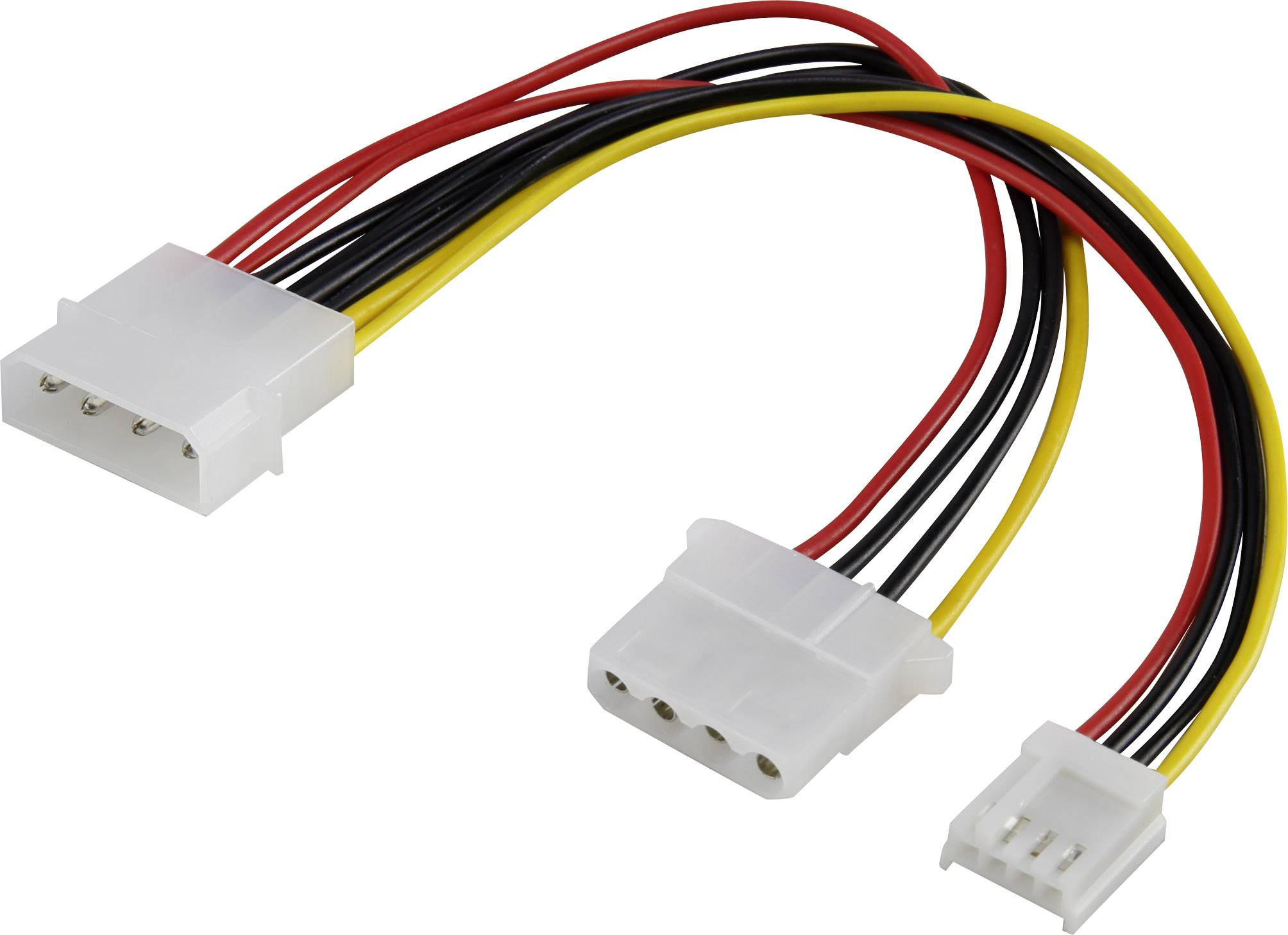 Three cables with connectors of different sizes and colours: red, black, yellow. Used for powering components.