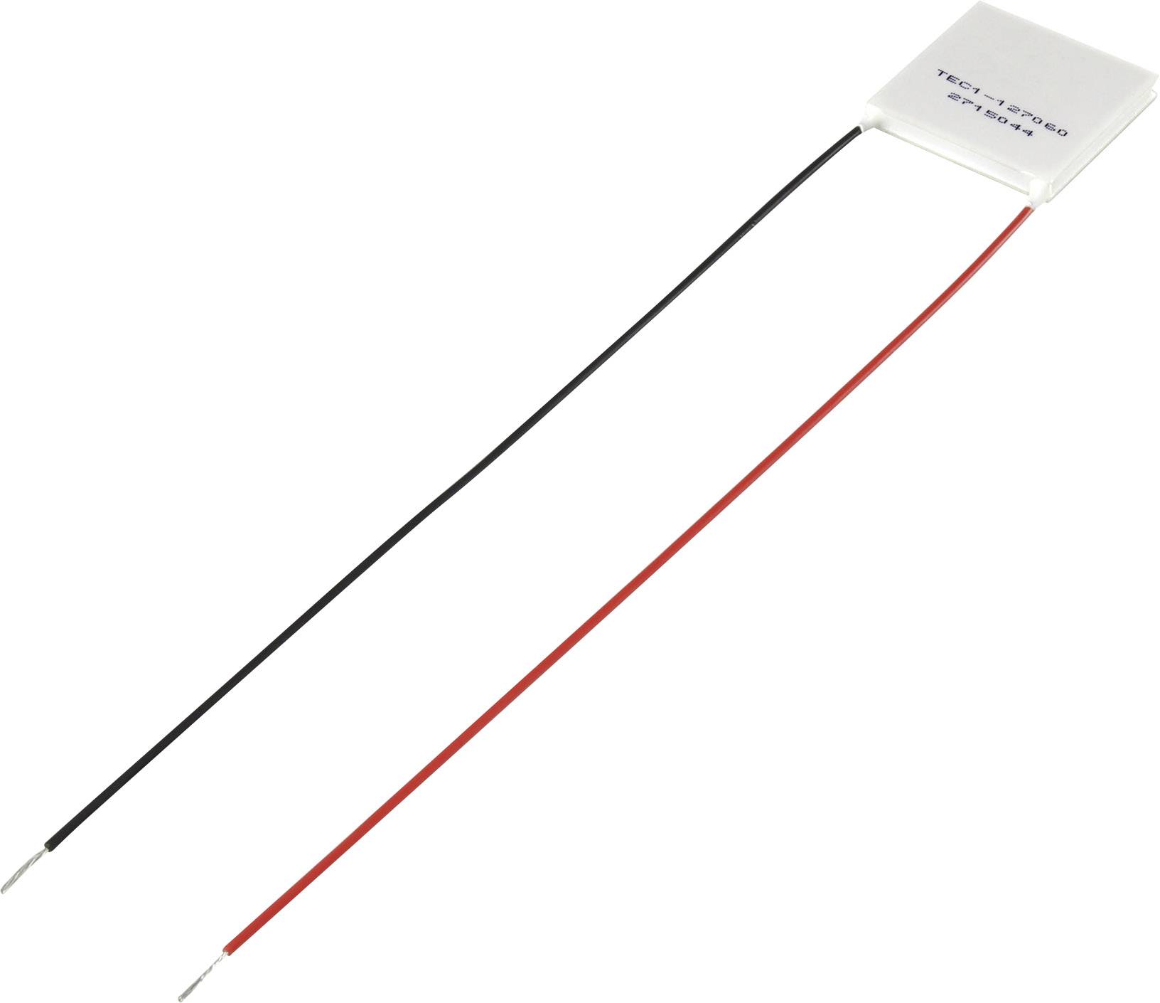 A Peltier element with two cables, one black and one red, for power supply.