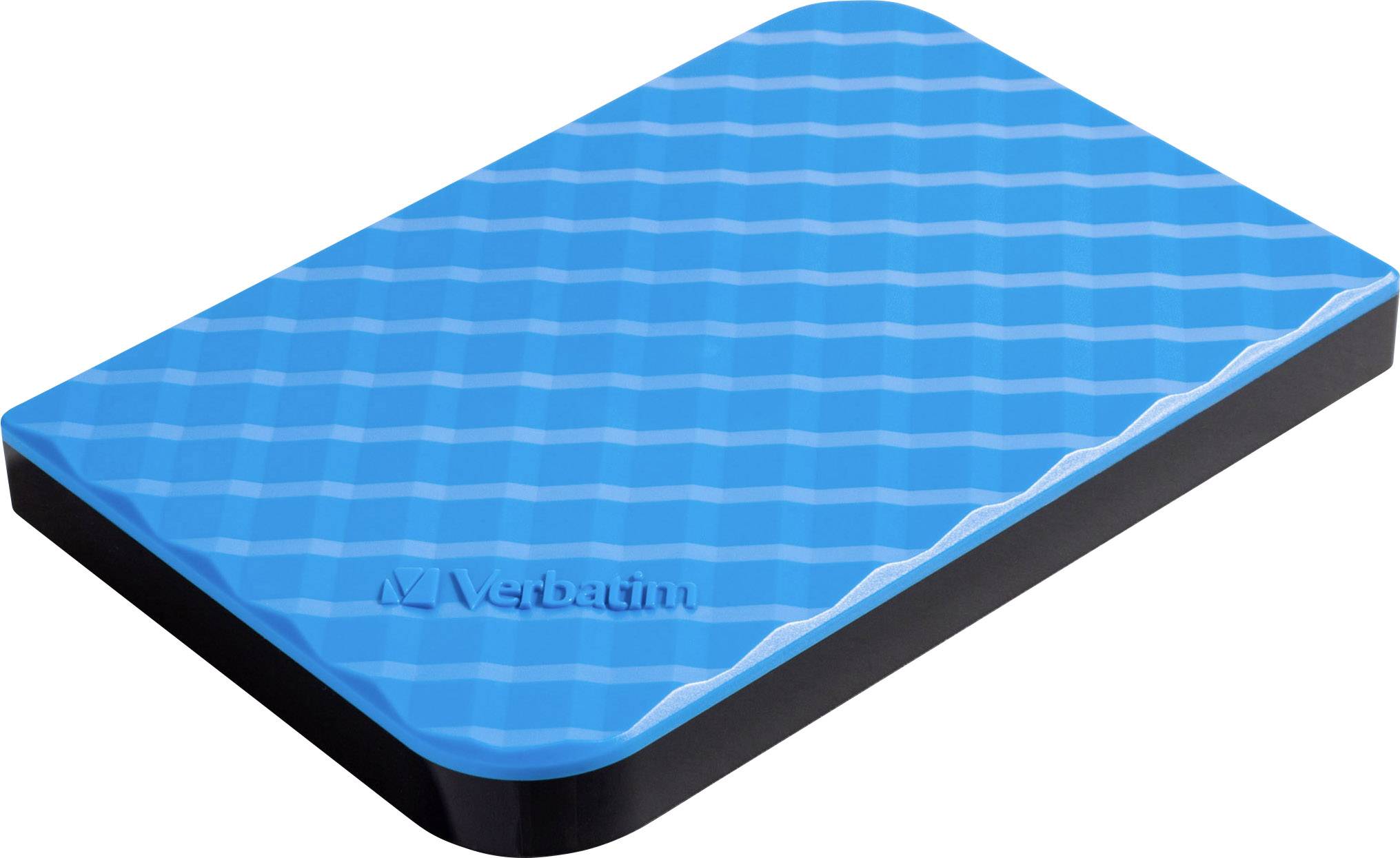 External blue hard drive with a wavy surface pattern, lying on a white surface.
