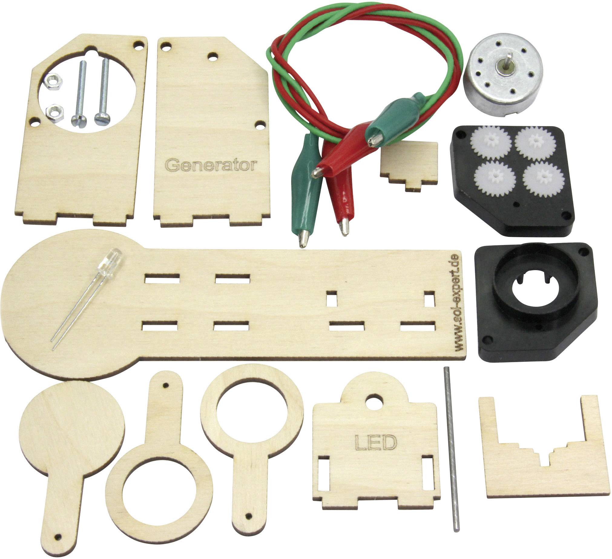 Kit for building a small wooden generator. Includes wooden plates, motor, gears, LED and connecting cables with crocodile clips.Note: This translation is already quite close to British English. No major changes were necessary.
