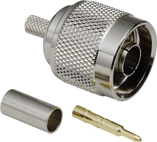 Socket connection with a metallic housing and a gold-coloured contact pin.