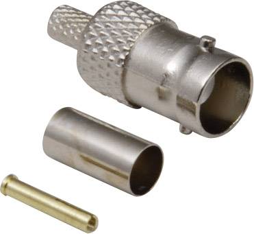 Coaxial cable connector in three parts: main connector, sleeve, and pin. Used for connecting coaxial cables in electrical applications.