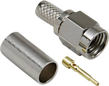 Connector component set comprising a metal housing, a cylindrical sleeve, and a gold-coloured pin, which can be assembled together.