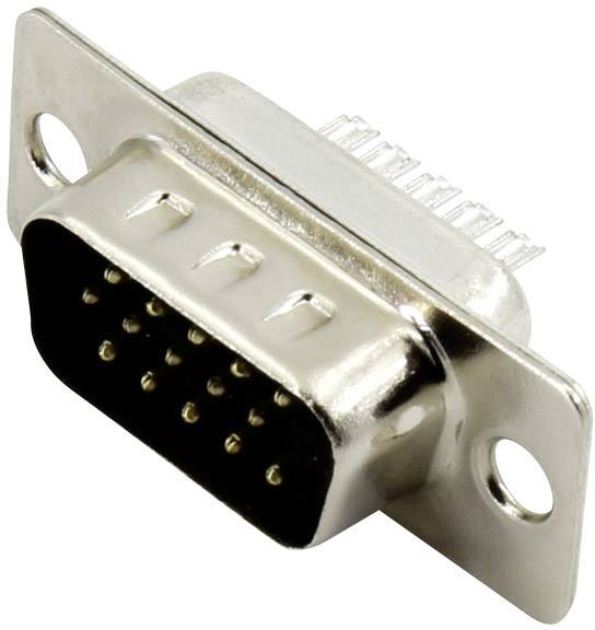 Metal D-Sub plug with nine pins, typically used for serial interface connections on computers.