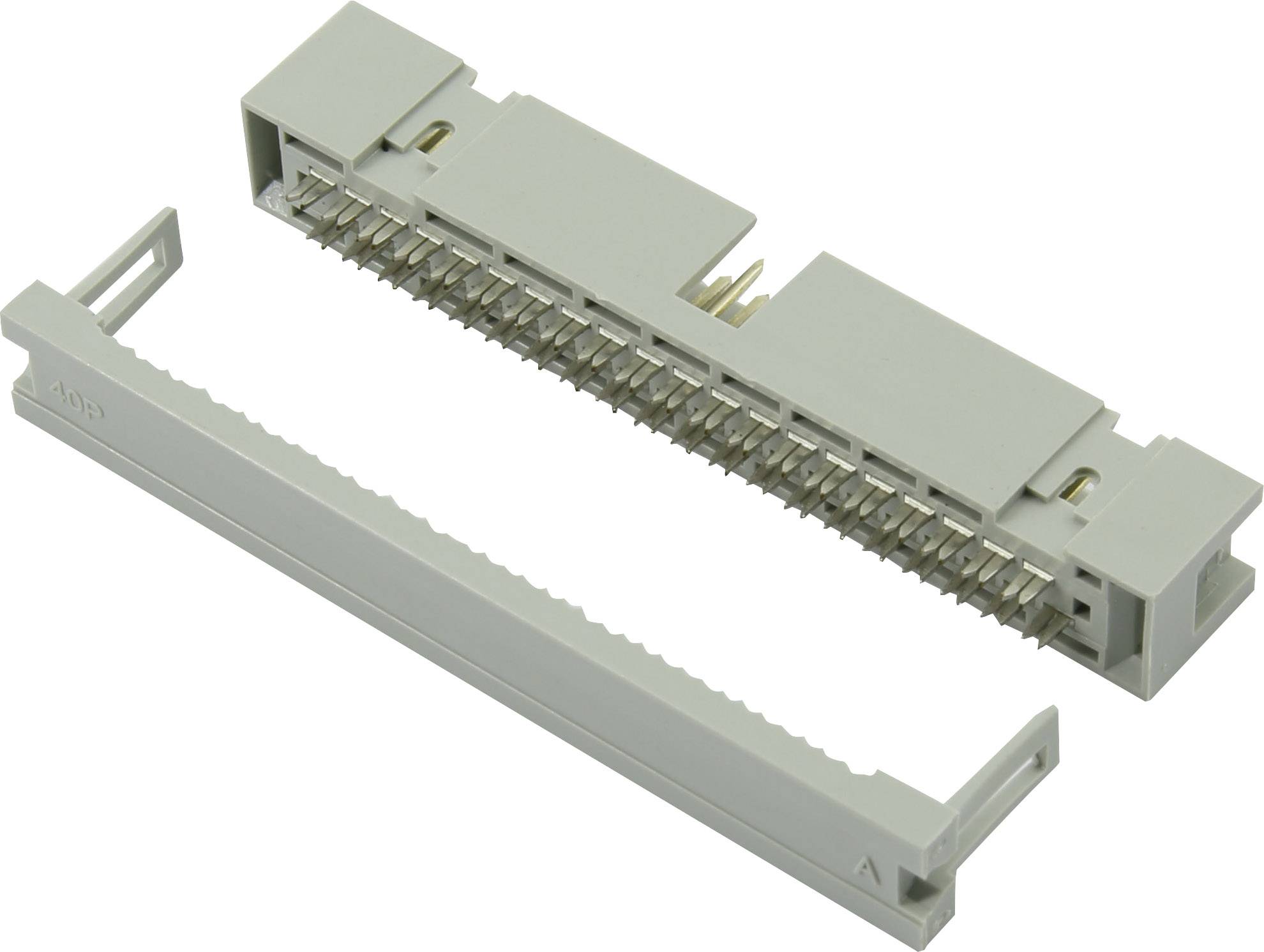 A grey electrical connector with multiple pins. The connector is made of plastic and has a rectangular, elongated structure.