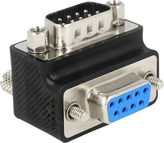 A black and silver 9-pin serial adapter with female blue and male metal connectors, suitable for electronic devices.