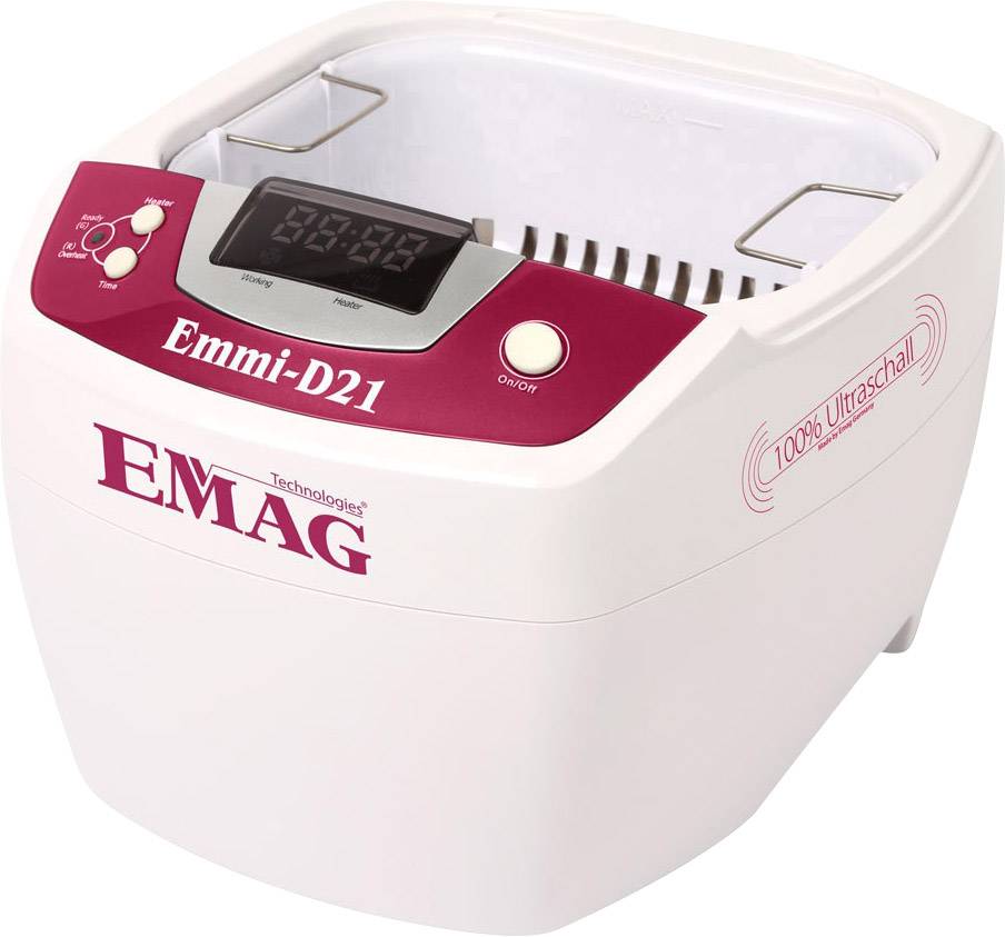 White ultrasonic cleaner 'Emmi-D21' by EMAG with red labelling. Digital display and control buttons on the top surface.