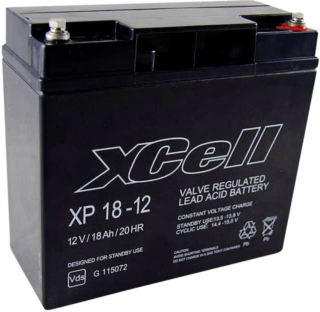 Black lead-acid battery by xCell, Model XP 18-12, voltage 12 V, capacity 18 Ah, suitable for standby use.