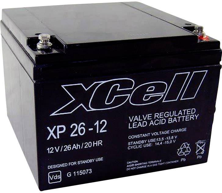 Black lead-acid battery with the inscription 'xCell XP 26-12', 12V, 26 Ah, for standby and cyclic operation.