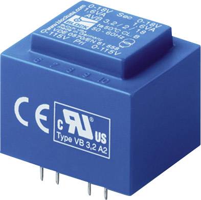 Blue print transformer with CE marking and technical specifications on the surface, suitable for electronic applications.