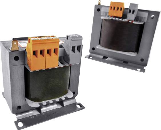 Two electrical transformers, mounted on metal frames, with orange and grey connection terminals on top.