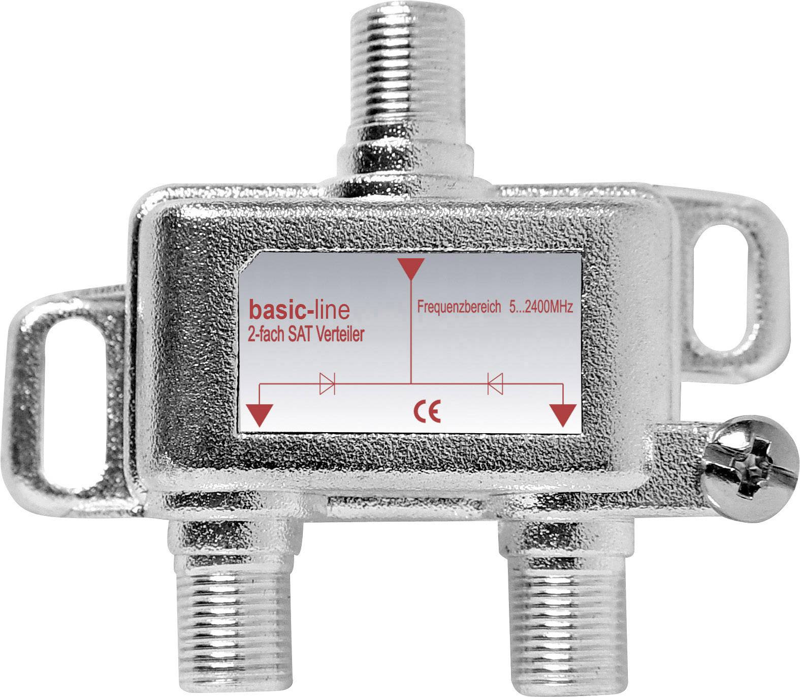 SAT distributor basic-line, 2-way, frequency range 5-2400 MHz, silver housing with three connections.