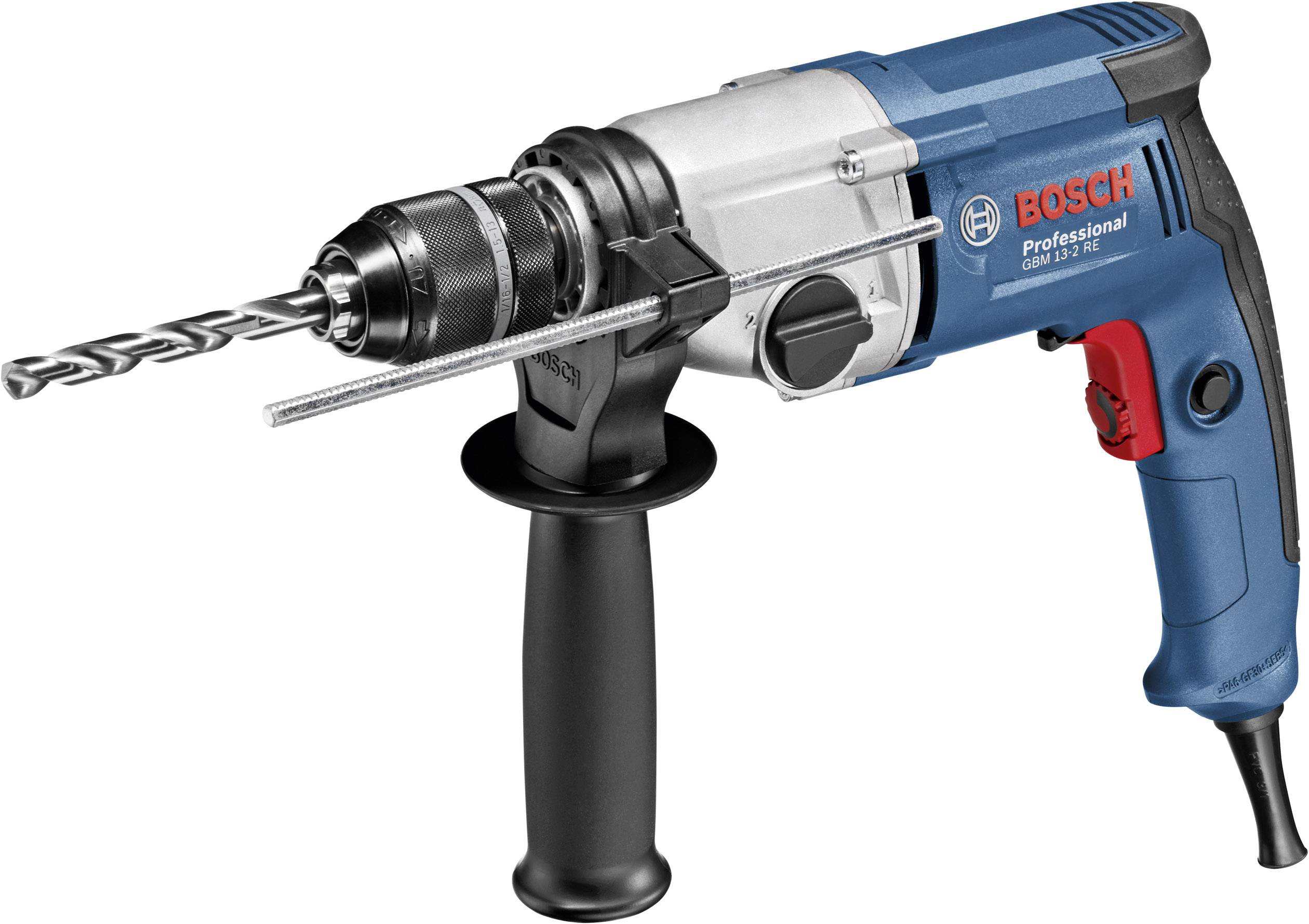 A blue Bosch drill with a black handle and drill bit attachment, suitable for professional applications.