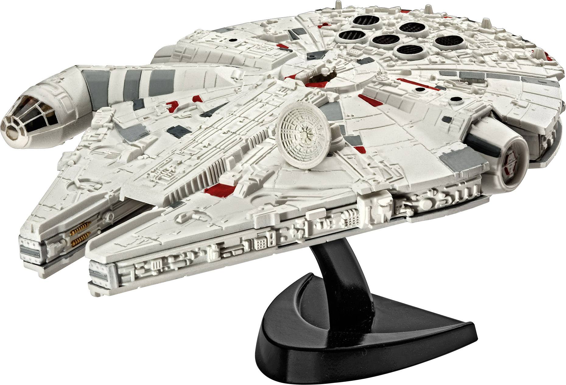 A model of a futuristic spacecraft with a flat, circular design on a black stand.