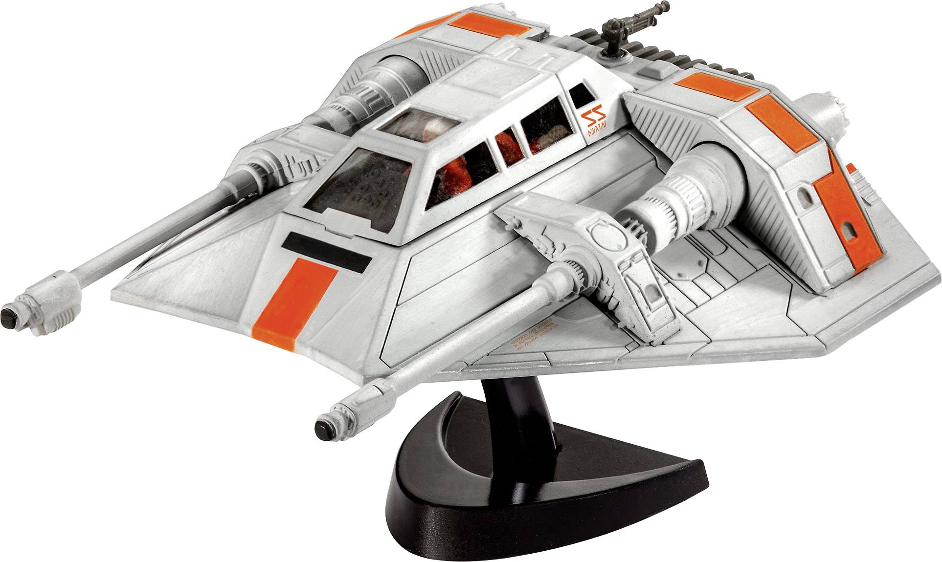 A model of a futuristic spaceship with orange markings and two cannons, mounted on a black stand.