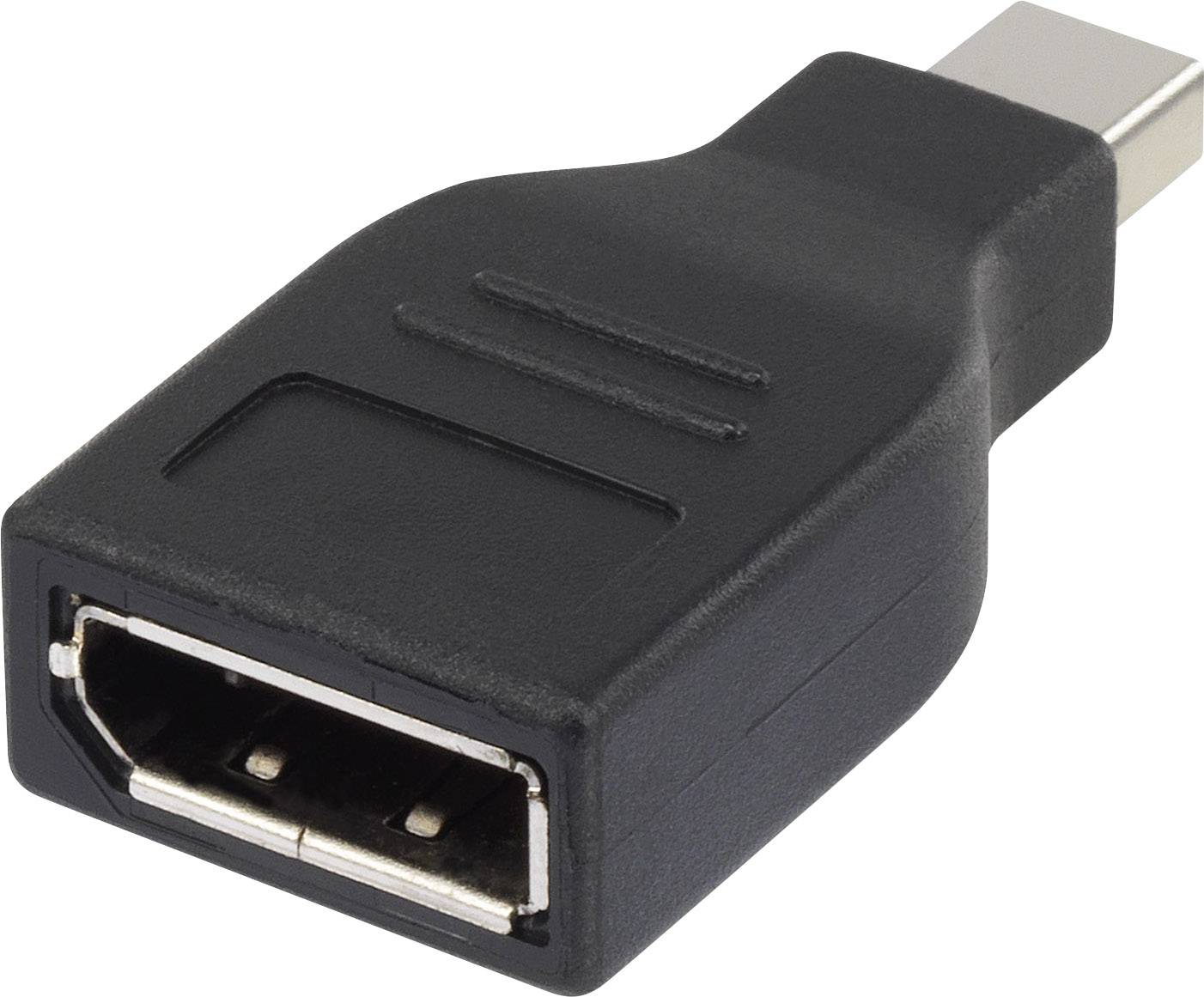 A black adapter with a USB-C plug on one side and a DisplayPort socket on the other, for connecting devices.