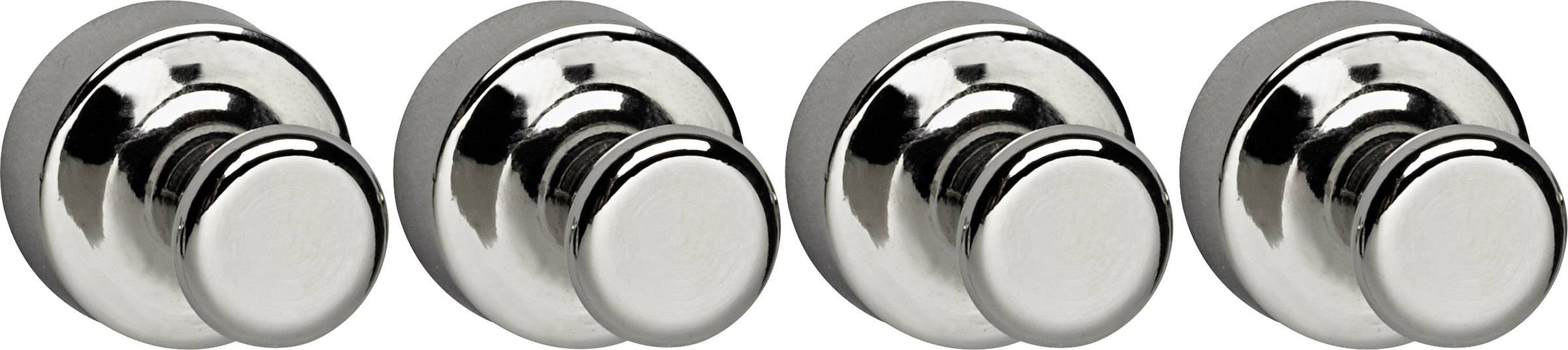Four gleaming, silver magnetic buttons lined up side by side on a white background.