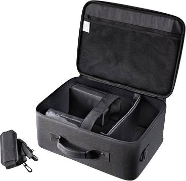 Black, open carrier bag with handle. Inside there are adjustable dividers for storage. Accessory parts are placed beside it.