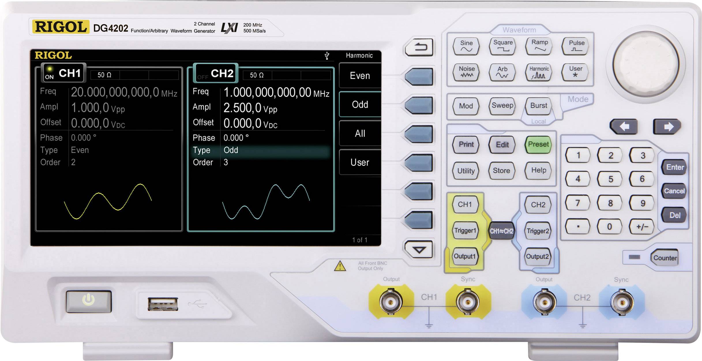 Rigol DG4202 Mains-powered 0.000001 Hz - 200 MHz 2-channel Sinus, Rectangle, Pulse, Noise, Arbitrary, Triangle