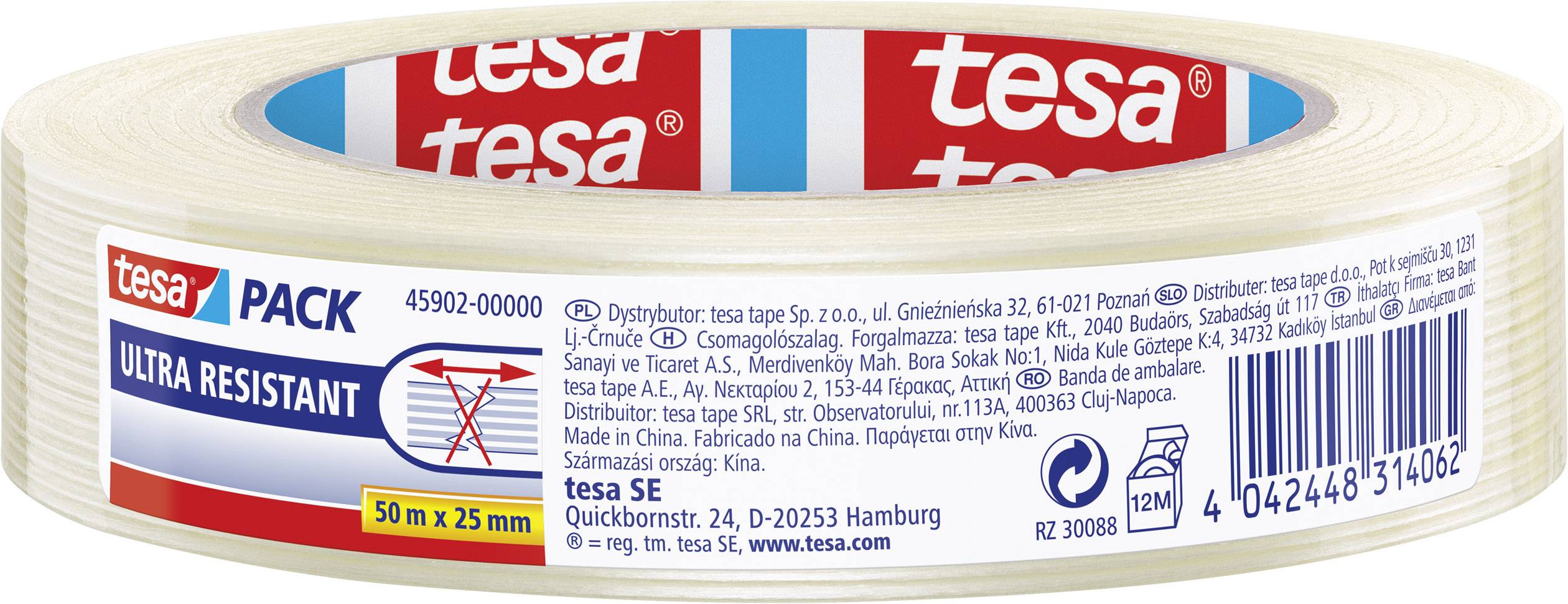 Adhesive Tape 'tesa PACK Ultra Resistant', 50 m x 25 mm, transparent, suitable for strong adhesion, with manufacturer information.