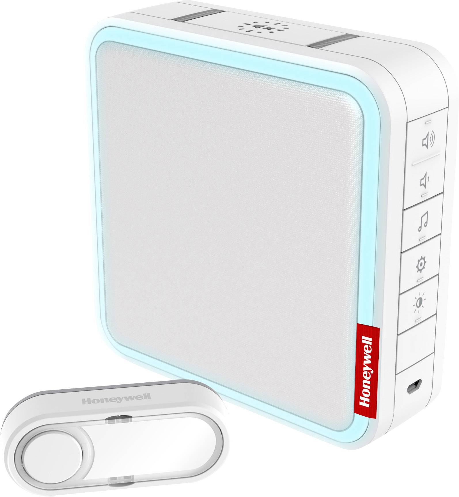 White wireless doorbell with a square receiver unit framed by a blue LED light.