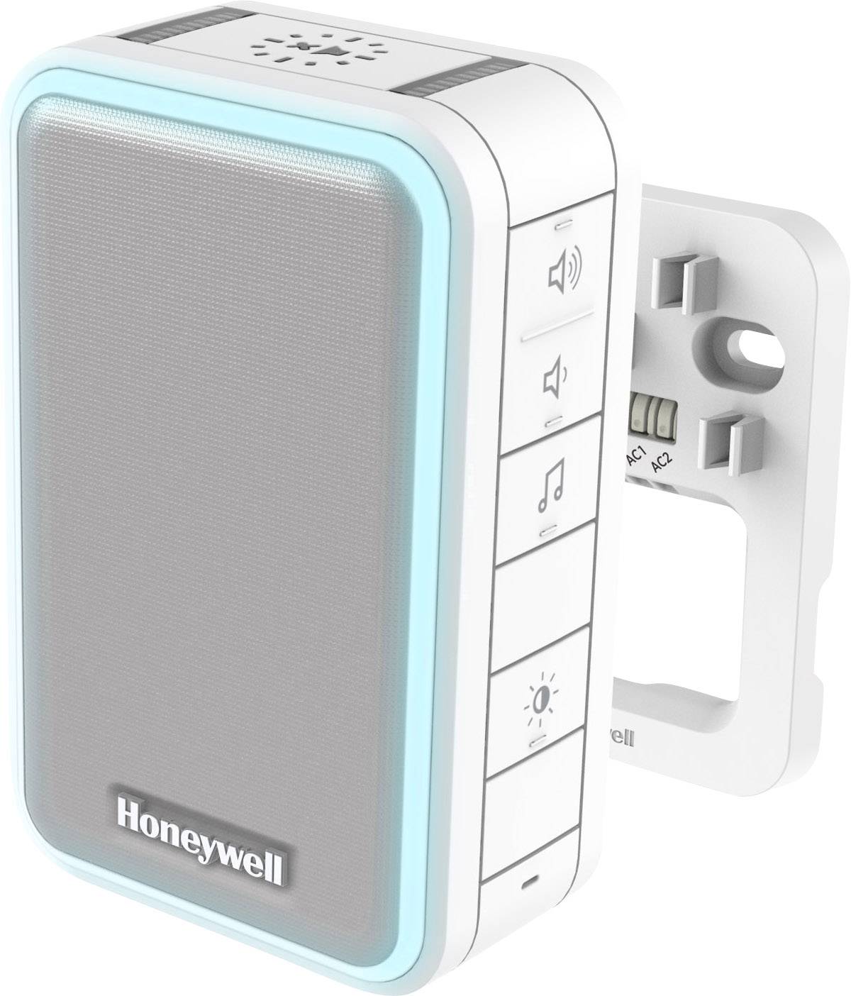 A wireless door chime with speaker, illuminated frame and side control buttons; brand name 'Honeywell'.