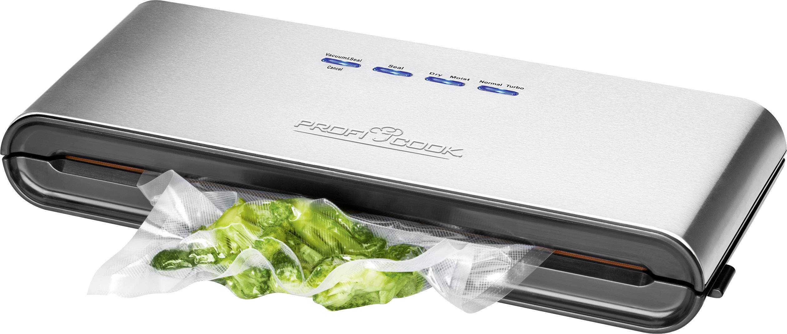 Vacuum sealer with attached bag, filled with green vegetables. Silver design, compact. Suitable for sealing and preserving food.