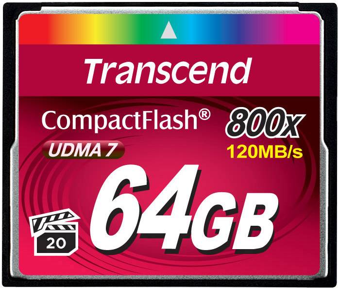 Transcend CompactFlash memory card with 64 GB capacity, UDMA 7, 800x speed, 120 MB/s read speed.