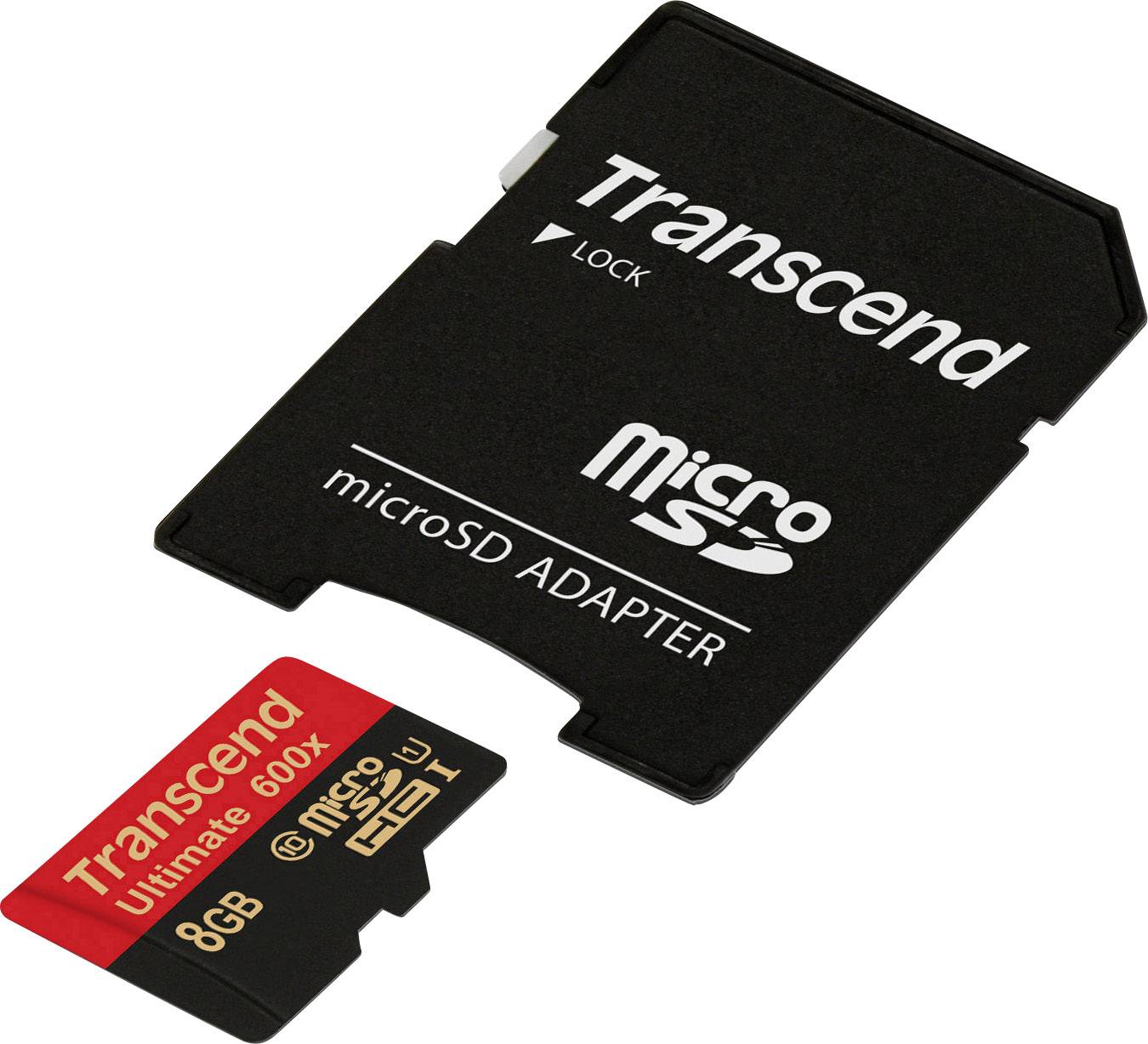 'Transcend' microSD card with 8GB next to a 'Transcend' microSD adapter.