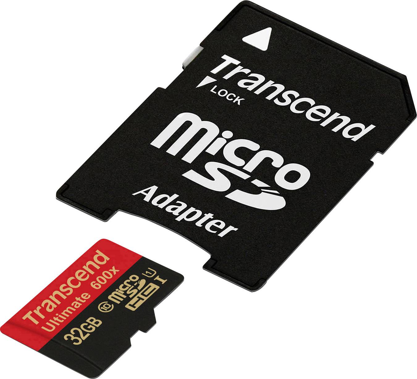 A red 32GB microSD memory card with the label 'Transcend Ultimate 600x' next to a microSD adapter.